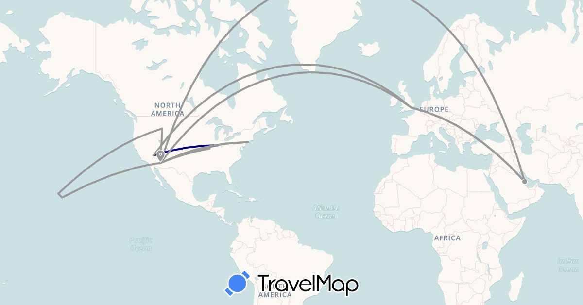 TravelMap itinerary: driving, plane in Bahrain, United Kingdom, United States (Asia, Europe, North America)